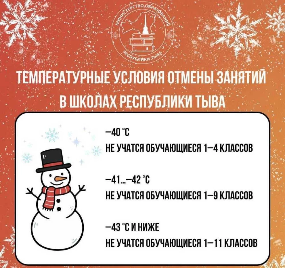 В Туве напомнили, при какой температуре отменяют занятия в школах